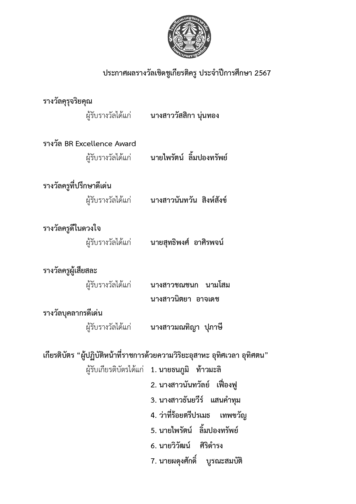 ประกาศผลรางวลเชดชเกยรตคร ประจำปกา